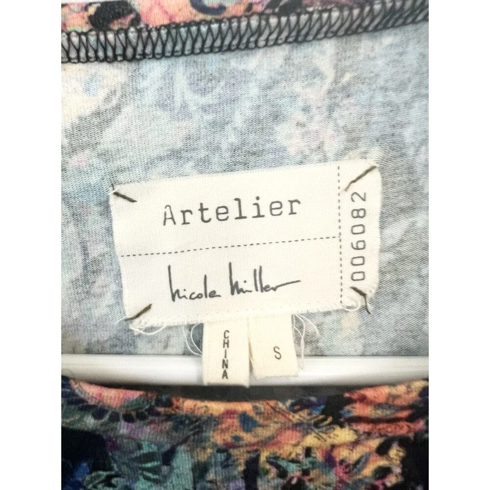 Nicole Miller Artelier Dress Size Small Floral Blue Ruched Long Sleeve Midi $199